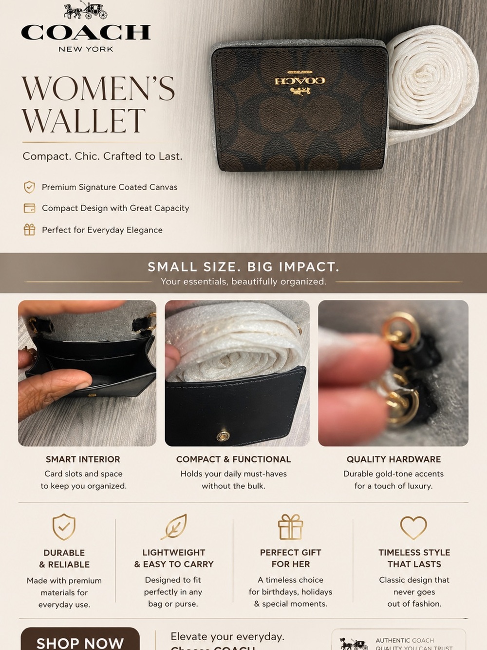 Coach Women's Wallet - Brown & Black Signature Canvas with Gold Hardware